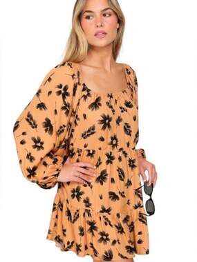 NEW Lumiere camel Floral Smock Mini Dress with Puff Sleeves size Large